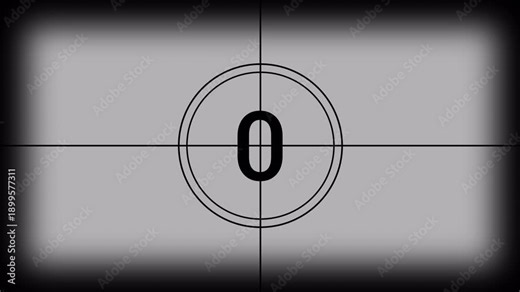 4K Old film strip countdown 5 to 0 vintage movie leader with black number double circle target crosshair lines grey screen dark vignette edges film grain dust scratches flicker rotating shadow and ret