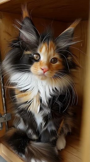 Adorable Calico Maine Coon Kitten Hiding in the Cupboard: Pure Floof! 🐾✨ #catlab