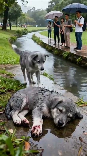 A dog mother bowed to passersby, pleading for their help in rescuing her puppy lying on the ground