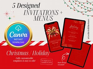 Editable Christmas Party Invitation Templates: Holiday Menu & Cards (canva) - Etsy