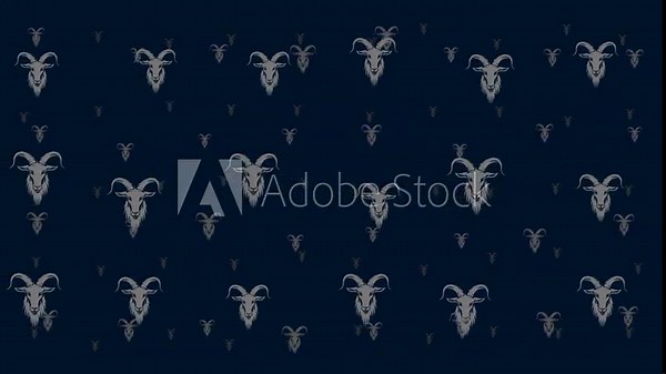 Goat symbols float horizontally from left to right. Parallax fly effect. Floating symbols are located randomly. Seamless looped 4k animation on dark blue background