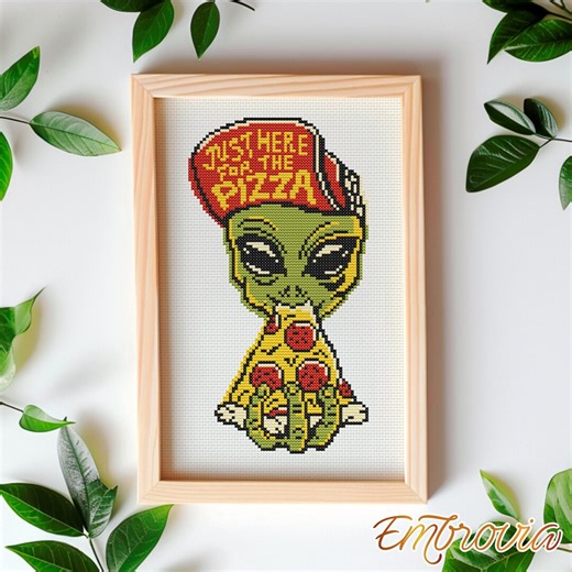 Just Here for Pizza Alien — Funny Sci-fi Cross Stitch Pattern With Cute Extraterrestrial and Pizza Vibes, Quirky Wall Decor, Instant PDF - Etsy