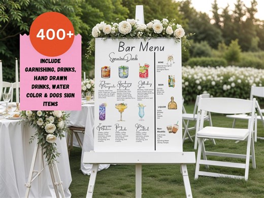 Wedding Bar Menu printable & editable card Template bride groom reception event signature Cocktail bar Sign and drink Planning.
