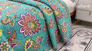 Cotton Bedspread Bedding Coverlet Quilt Sets, Reversible Vintage Branch Floral Bedspread comforters, (Vintage Turquoise Paisley Floral Pattern, King Size)
