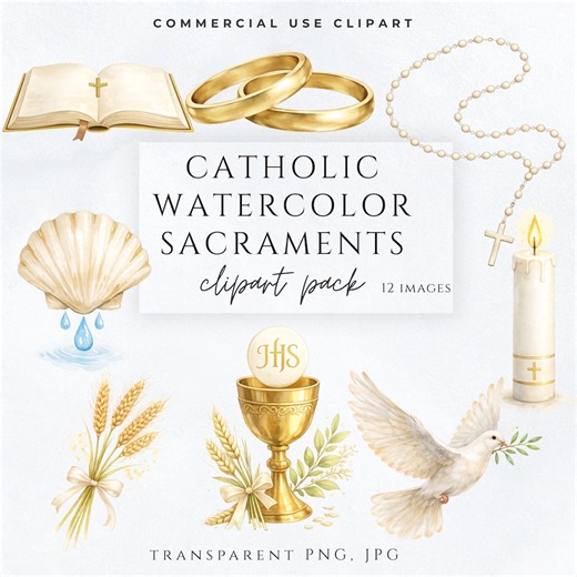 Catholic Watercolor Sacraments Clipart | Baptism First Communion Confirmation Wedding | Gold Religious PNG for Commercial Use - Etsy