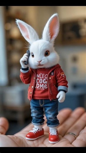 Two Tiny Rabbits Talk on a Phone Call | Miniature Rabbit Animation on a Human Palm