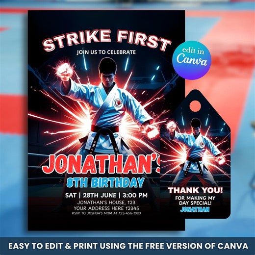 Karate Birthday Invitation, Martial Arts Party Invite, Sports Theme, Kids Taekwando Birthday Tournament Celebration, Editable Canva Template - Etsy