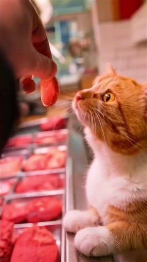 begging cat at the butcher shop 🥩