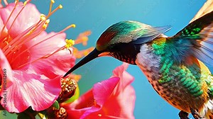 hummingbird flies and drinks nectar from a pink flower