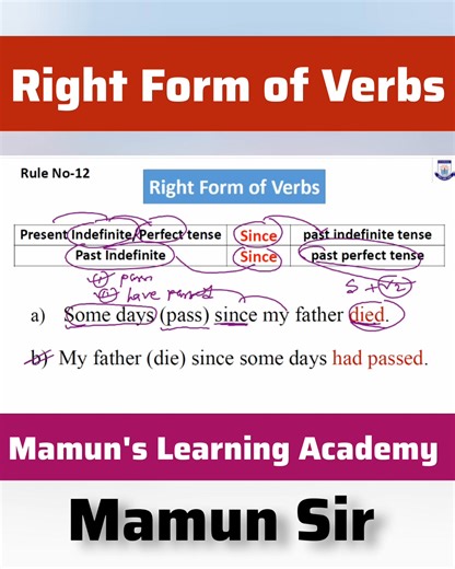 7.6K views · 59 reactions | Right form of Verb For Class Five II Six to Nine-Ten & Others II Class No-07 #RightFormOfVerb #rights #form | Mamun's Learning Academy | Facebook