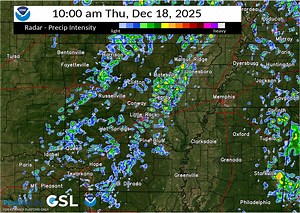 RADAR SIMULATION—A look at how radar may look during the day on Thursday as a cold front moves across the state and will likely lead to showers across the state throughout the day. Exact placement and timing may very by a little; however, the model captures the trend well. #arwx | US National Weather Service Little Rock Arkansas