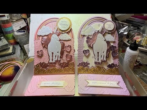 Creating a unicorn easel card using Anna Griffin dies: 3D unicorn scene dies set.