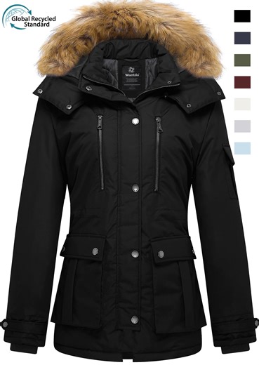 Wantdo Women's Recycled Winter Coat Thickened Winter Jacket Hooded Parka Jacket Black L