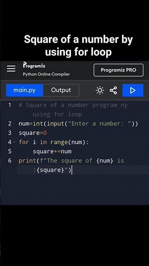 Square of a number program by using for loop-python#coding #python