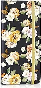 Play Tailor Checkbook Cover for Personal Checkbook 7in x 3.5in Leather Check Book Register Cover Wallet for Men Women Patterned RFID Blocking Checkbook Card Holder, Black Retro Floral