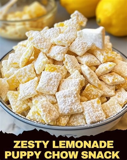 Zesty Lemonade Puppy Chow Snack Description: This citrusy twist on classic puppy chow (a.k.a. muddy buddies) is light, sweet, and full of lemonade flavor. Perfect for parties, movie nights, or a summer snack! Ingredients: 6 cups rice cereal squares (like Chex) 1 cup white chocolate chips 1/4 cup butter 1 packet lemonade drink mix (unsweetened) 1 cup powdered sugar Zest of 1 lemon (optional for extra zing) Directions: Place cereal in a large mixing bowl. In a microwave-safe bowl, melt white choco