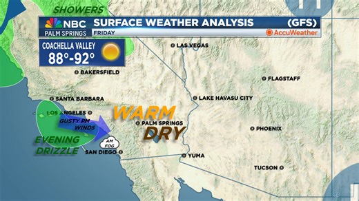 An NBC Palm Springs Weather Heads-Up! The Coachella Valley will see winds go up while temps go down as an upper-level cold-core low moves slowly through the Southwest this weekend. Two waves will bring showers to Western SoCal, on Saturday night and Sunday night, while the Valley stays dry. @JerrySteffen @NBCPalmSprings | NBC Palm Springs | Facebook