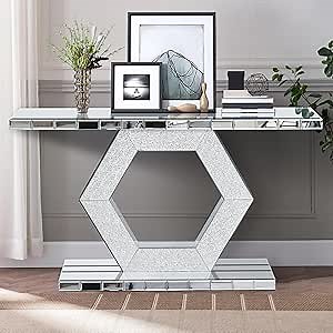 Modern Mirrored Console Table with Crystal Inlay, 55 Inches Silver Luxury Glass Hallway Sofa Table with Geometric Hexagon Base for Entryway, Glam Decorative Sofa Tables Behind Couch for Living Room