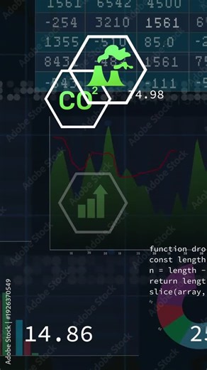 Vertical video: On load, green hex icons drifting stacking and updating numbers to show CO2 trend