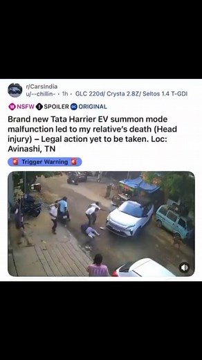 Car Blog India on Instagram: "Tragic incident in Tamil Nadu: A Tata Harrier EV, in summon mode, allegedly malfunctioned, resulting in a fatality. Viewer discretion is advised. Here’s Tata Motors’ Official Statement on the unfortunate incident: "We were informed of the tragic accident and are deeply saddened by the loss. Our thoughts, prayers, and heartfelt support are with the deceased’s family. We are currently gathering all relevant facts. Preliminary observations from video shared online/ on 