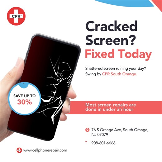 Cellphone Phone Repair on Instagram: "Cracked screen got you down? 😩 Get it fixed TODAY at CPR South Orange – most repairs done in under an hour, and you can save up to 30%! 💥 Swing by and get back to scrolling smoothly. 📱✨ 📍 76 S Orange Ave, South Orange, NJ 📞 Call: 908-601-6666 #CPRSouthOrange #CrackedScreenFix #PhoneRepair #FastRepair #southorangenj"