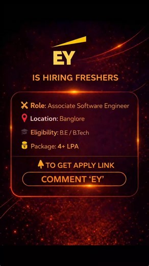 Sdo Openings on Instagram: "EY is hiring #Freshers for Associate #Software Engineer Location: #Banglore Qualification: BE - B. Tech / (IT/ Computer Science/ Circuit branches) Should have secured 60% and above No active Backlogs Should have understanding and/or experience of software development best practices and software development life cycle Understanding of one/more programming languages such as Java/ .Net/ Python, data analytics or databases such as SQL/ Oracle/ Teradata etc. Internship in 