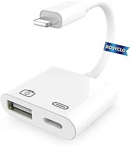 rosyclo Lightning USB Camera Adapter,Apple Certified USB Female OTG Reader Connector with Charging Port iPhone Charger Cable Compatible iPhone/iPad/iPod,USB Drive,MIDI Keyboard,Mouse iOS9.2-14+ White