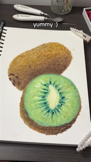 Creating the Chaos on Instagram: "Drawing kiwis with oil pastels and a touch of color theoryyyyy . . . #oilpastel #drawing #fruitart #artprocess #colortheory"
