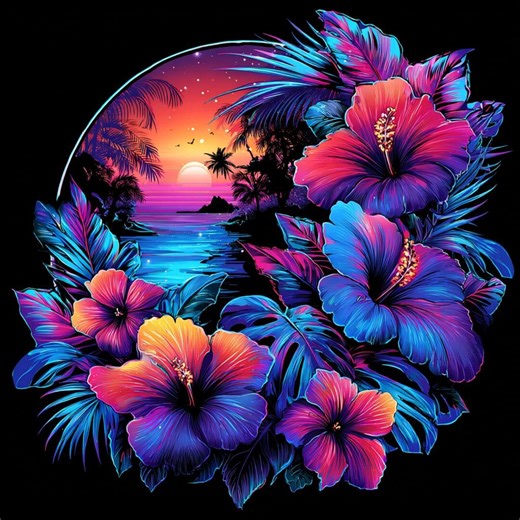 Neon Hibiscus CLIPART, Tropical Sunset Flowers, Vibrant Island Night Scene, Palm Lagoon Art, Exotic Floral Design - Etsy