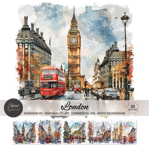 London Watercolor Clipart: Big Ben, Red Bus, UK Landmarks (32 JPG, Commercial Use) - Etsy UK