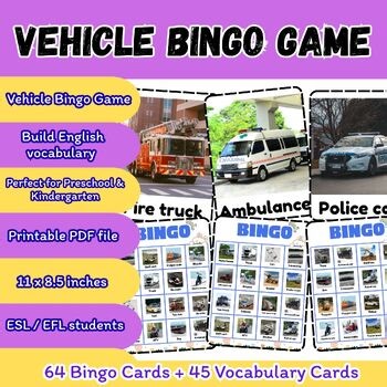 Vehicle Bingo for Kids | Transportation Vocabulary | ESL Printable Activity
