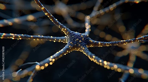 Neuron firing electrical impulses across neural network in microscopic 3D brain visualization