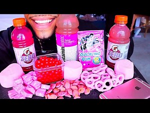 ASMR PINK FOODS EDIBLE VITAMIN WATER BOTTLE GUMMY GATORADE BOBA POP ROCKS STARBURST CHUGGING MUKBANG