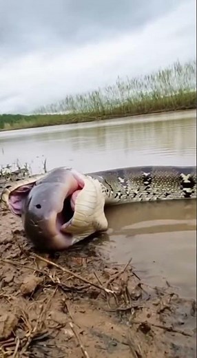 Snake eats electric eel and ends up electrocuted with mouth wide open