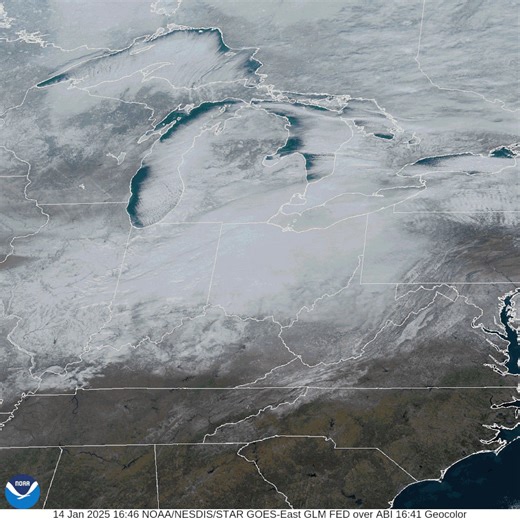 As the sun moves over the Great Lakes today, NOAA's GOES East (GOES-16) satellite sees a lot of white! While there is snow on the ground, there are also some textbook Lake Effect clouds streaming off the lakes. Lake Effect Snow Warnings and Winter Weather Advisories are in effect from Michigan to Vermont. Latest updates: www.weather.gov | NOAA Satellite and Information Service