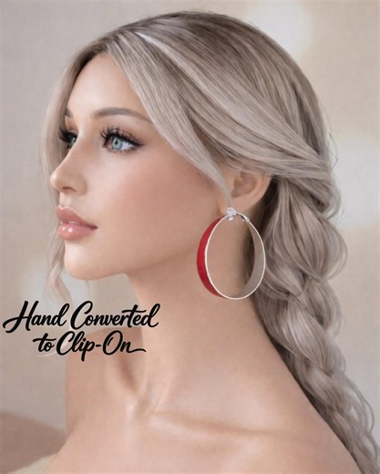 Red Enamel Clip on Hoop Earrings | Silver Tone, Non Pierced - Etsy