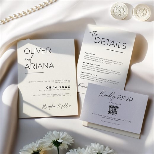 Editable Wedding Invitation Bundle, Qr Code, Minimal Invitation Template Set, Modern Invite Suite, Elegant Online Rsvp, Details Card, Canva - Etsy
