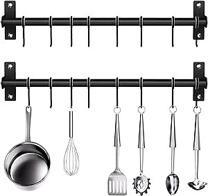 20 Inch Pot Rack Wall Mounted - Pot and Pan Hanger Kitchen Pan Lid Utensil Hanger Organizer Hanging Rail with 16 S Hooks Black 2-Pack