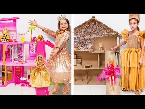 Barbie Doll Gold vs Broke: Cardboard Makeover Challenge! 👑📦