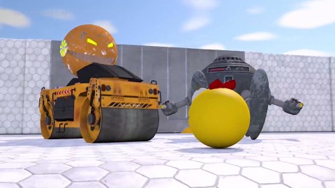 Pacman vs two-legged robot, road roller
