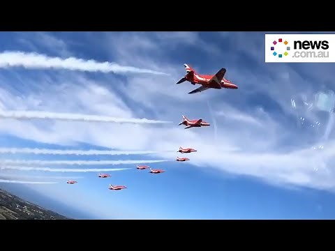 Cockpit footage shows UK's Red Arrows Display Team over Jersey