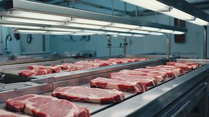 Download Meat is being cut on a conveyor belt in a factory for free
