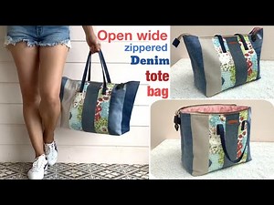 how to sew Open wide zippered denim tote bag tutorial, sewing diy open wide zippered denim tote bags