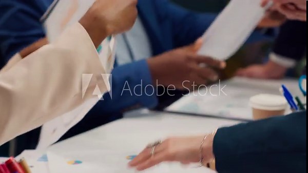 Executive team sharing information and updates on project details, briefing session to catch colleagues up to speed. Coworkers develop internal communication strategies to ensure success. Camera A. Stock Video