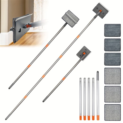 83” Baseboard Cleaner Tool with Handle and Hooks, 180° Rotating Wall Cleaner with Convex Design, Wall Mop with 6 Reusable Pads to Clean Wall, Window, Floor and Ceiling with Extension Poles