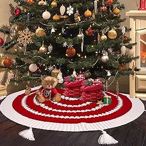 48 inches Fringe Christmas Tree Skirt, Red and White Concentric Circular Knitted Tree Skirt for Xmas Themed Holiday Decoration, Ornament, Gifts to Kids
