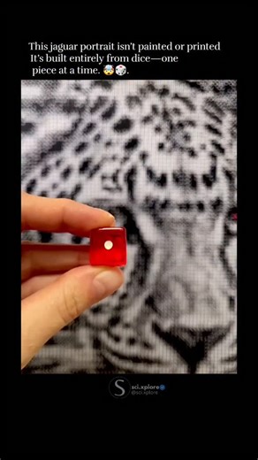 @sci.xplore on Instagram: "This incredible jaguar portrait was created using only dice. No paint, no digital effects—just thousands of carefully placed cubes, each one positioned to control light, shadow, and depth. From a distance, it looks like a detailed painting. But up close, every dot and shade is actually a die, proving how precision and patience can turn the simplest objects into powerful art. A perfect blend of creativity, math, and imagination—showing that art doesn’t need brushes to b