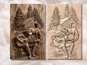 Cowboy Guitar 3D Relief STL | Western Ranch Cabin Scene for CNC Router, Laser Engraving & 3D Printing | Horse Wall Art - Etsy