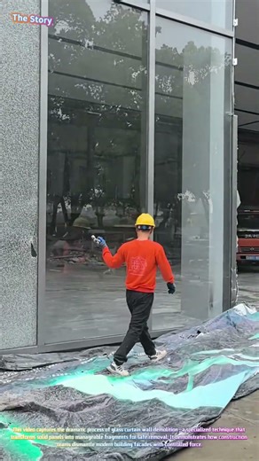 Controlled Demolition: Watch a Worker Shatter Tempered Glass Panels with a Breaking Hammer! 💥🔨🏢