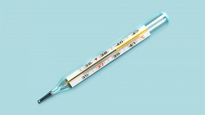 Download Mercury-in-glass thermometer with temperature mark 39 on blue background flat lay stopmotion animation slow motion 4k for free